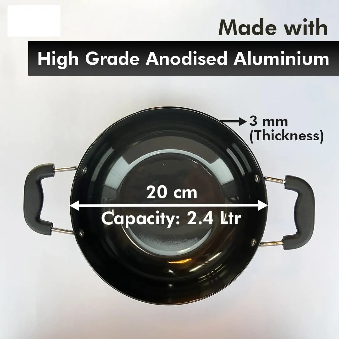 UMAI X SAVYA Home Hard Anodised Aluminium Kadai with Glass Lid 4.4 litres Capacity (26 cm Diameter) with Riveted Sturdy Handles - Thickness, Black (Gas Stove Compatible) (20cm - 2.4L)