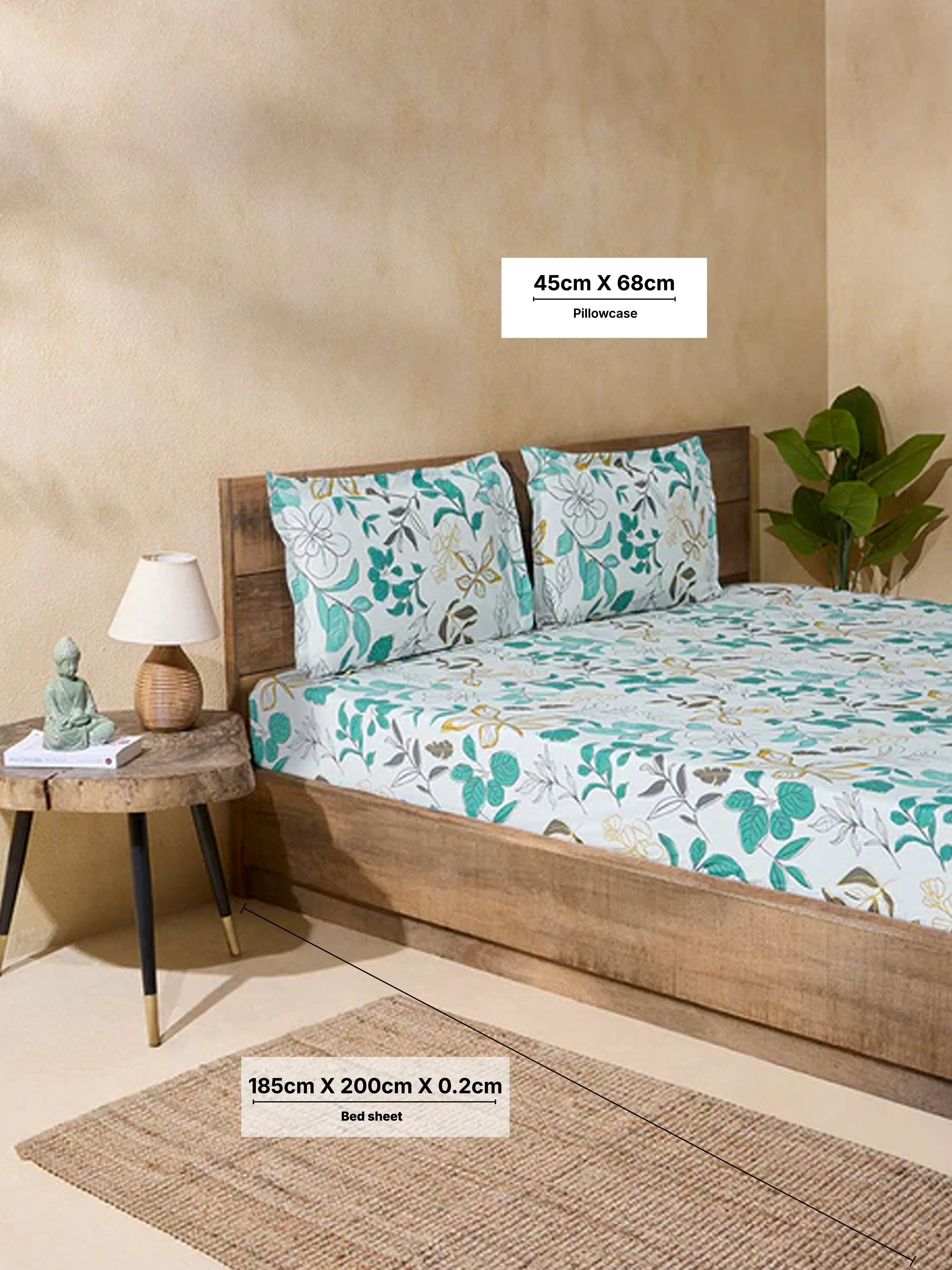 Westside Home Green Printed King Bed Fitted Sheet and Pillowcase Set