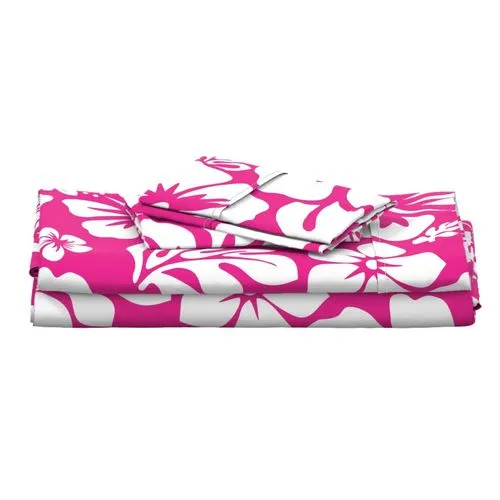 White Hawaiian Flowers on Surfer Girl Pink Sheet Set from Surfer Bedding™️ Medium Scale