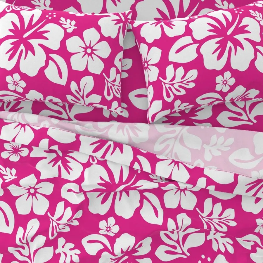 White Hawaiian Flowers on Surfer Girl Pink Sheet Set from Surfer Bedding™️ Medium Scale