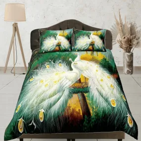 White peacock decor aesthetic bedding set full, luxury duvet cover queen, king, boho duvet, designer bedding, maximalist green bedspread