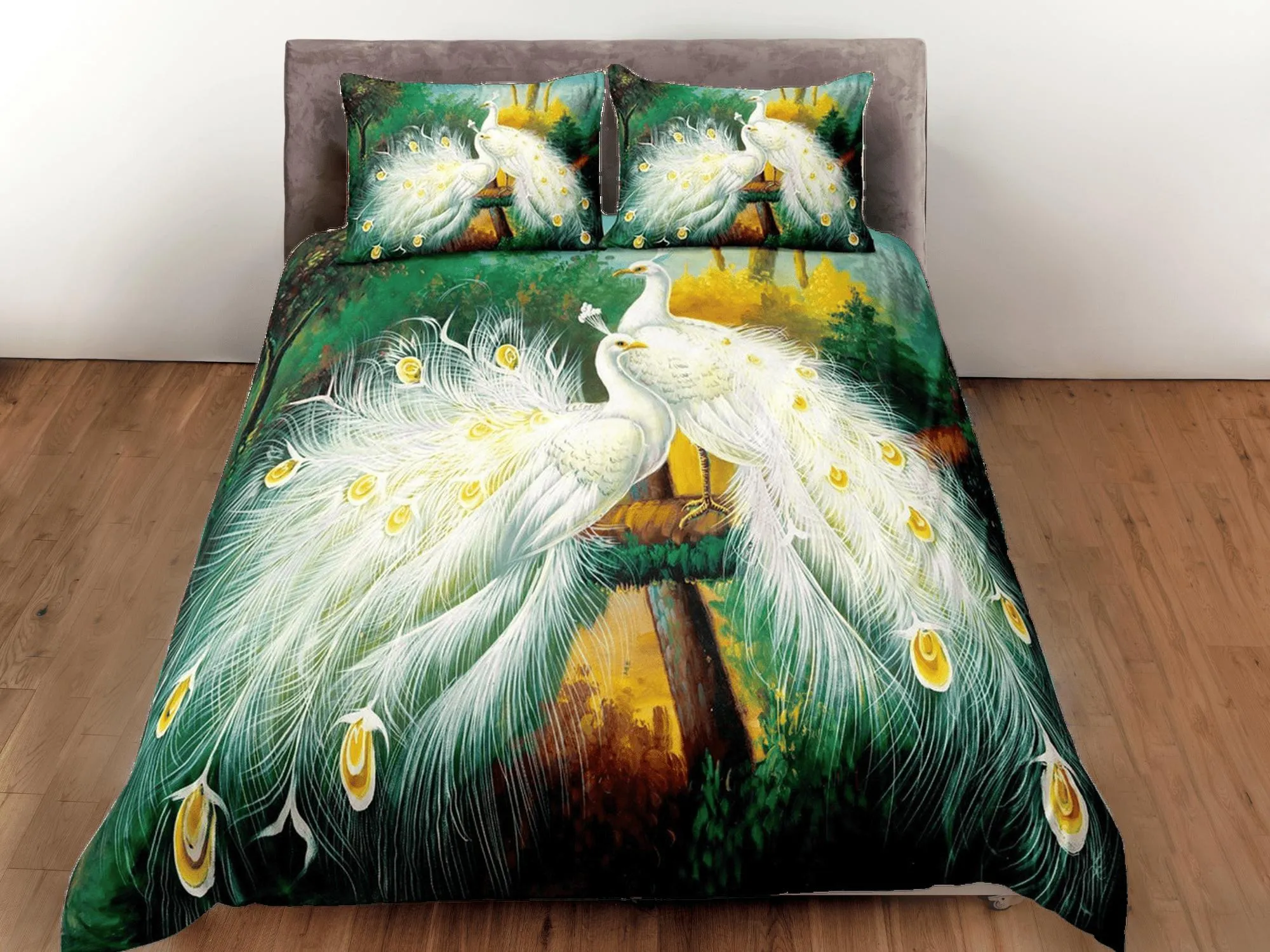 White peacock decor aesthetic bedding set full, luxury duvet cover queen, king, boho duvet, designer bedding, maximalist green bedspread