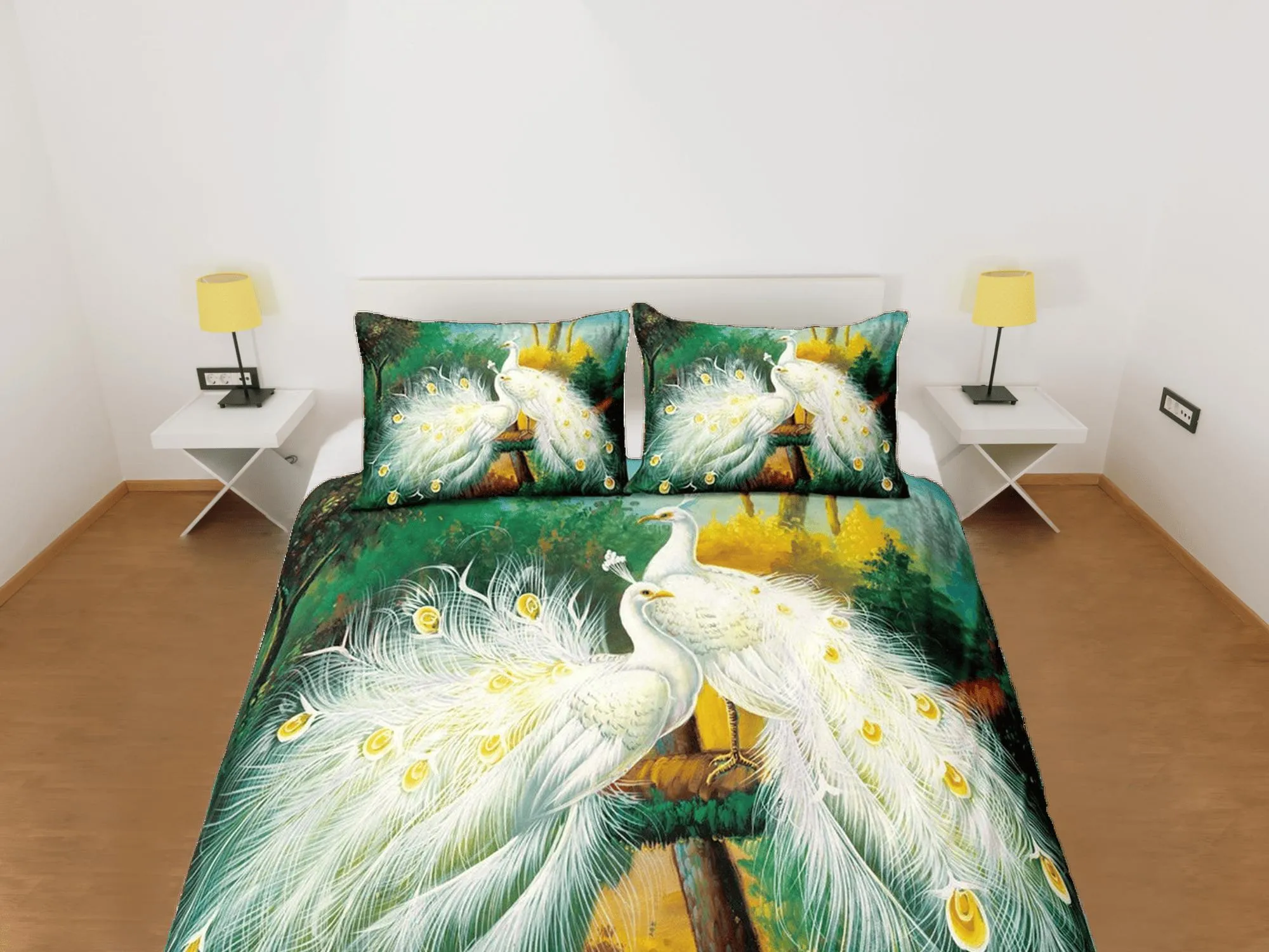 White peacock decor aesthetic bedding set full, luxury duvet cover queen, king, boho duvet, designer bedding, maximalist green bedspread