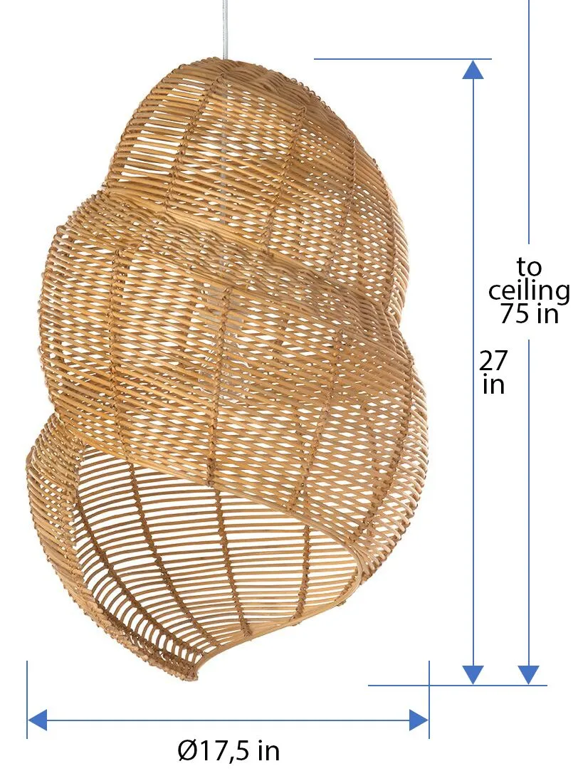 Wicker Coiled Shell Pendant Lamp, Handwoven, Diameter 17.5 x 16.5 x 27 inch, Natural Brown