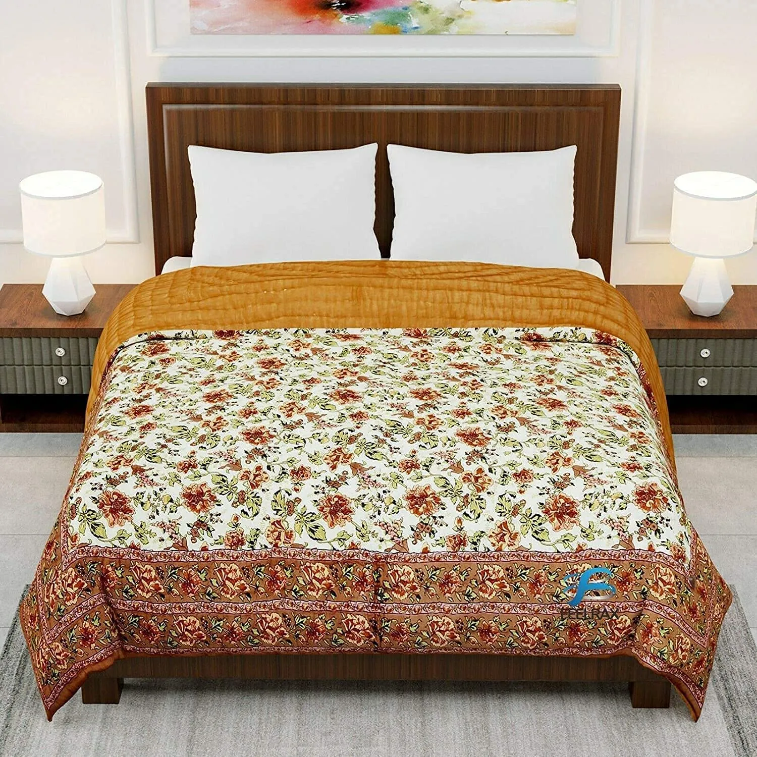 Woodsy Jaipuri Razai Rajasthani Traditional Double Bed Bedding Beige Flower Printed Pure Cotton Soft Light Weight Winter and Summer Rajai Ac Quilt Razai/Rajai/Quilt/Blanket/Dohar Blanket King Size